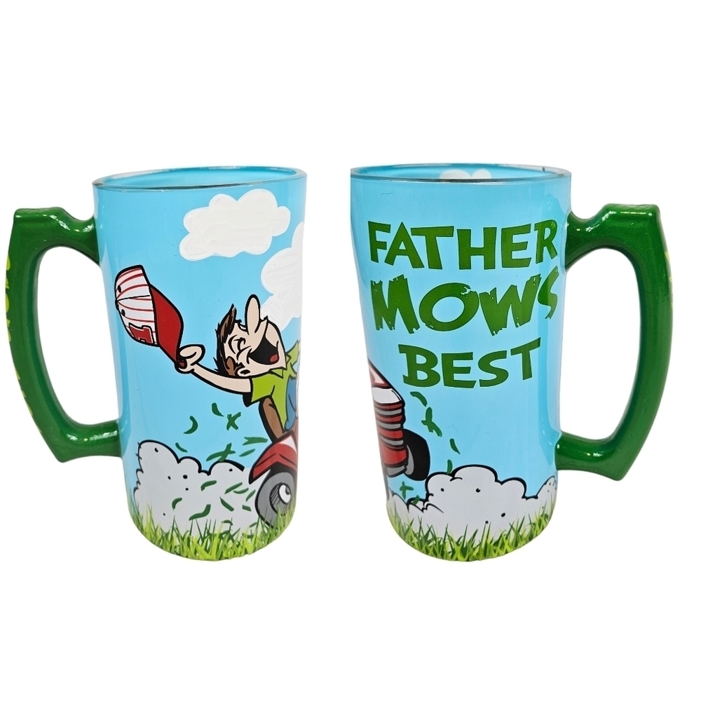 Top‎ Shelf "Father Mows Best" Hand Painted Large Glass Stein Beer Mug